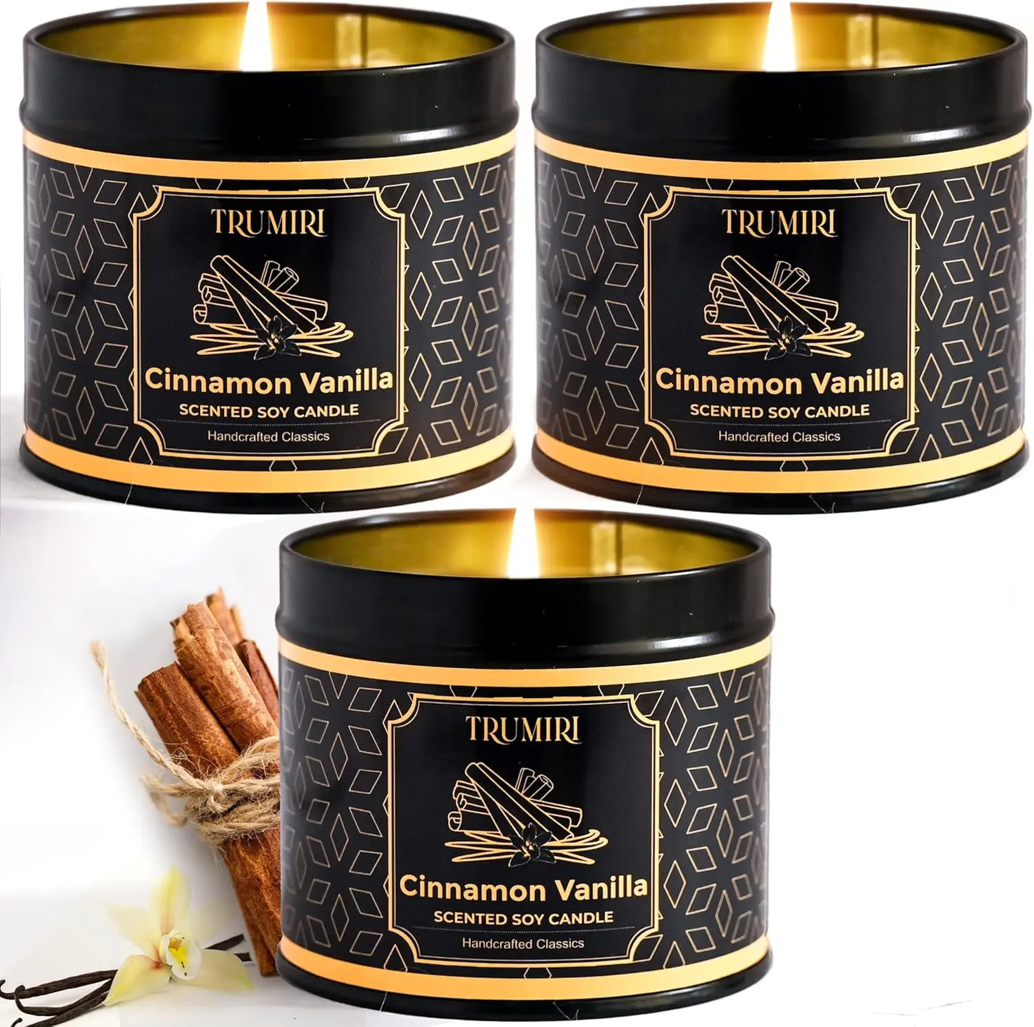 Vanilla Candle with Cinnamon Strong Scented Soy Candel Clean Non Toxic Velas Aromáticas for Women Gift for Fall Christmas Holidays Pack of 3 5Oz Decorative Tin Jars with Lids