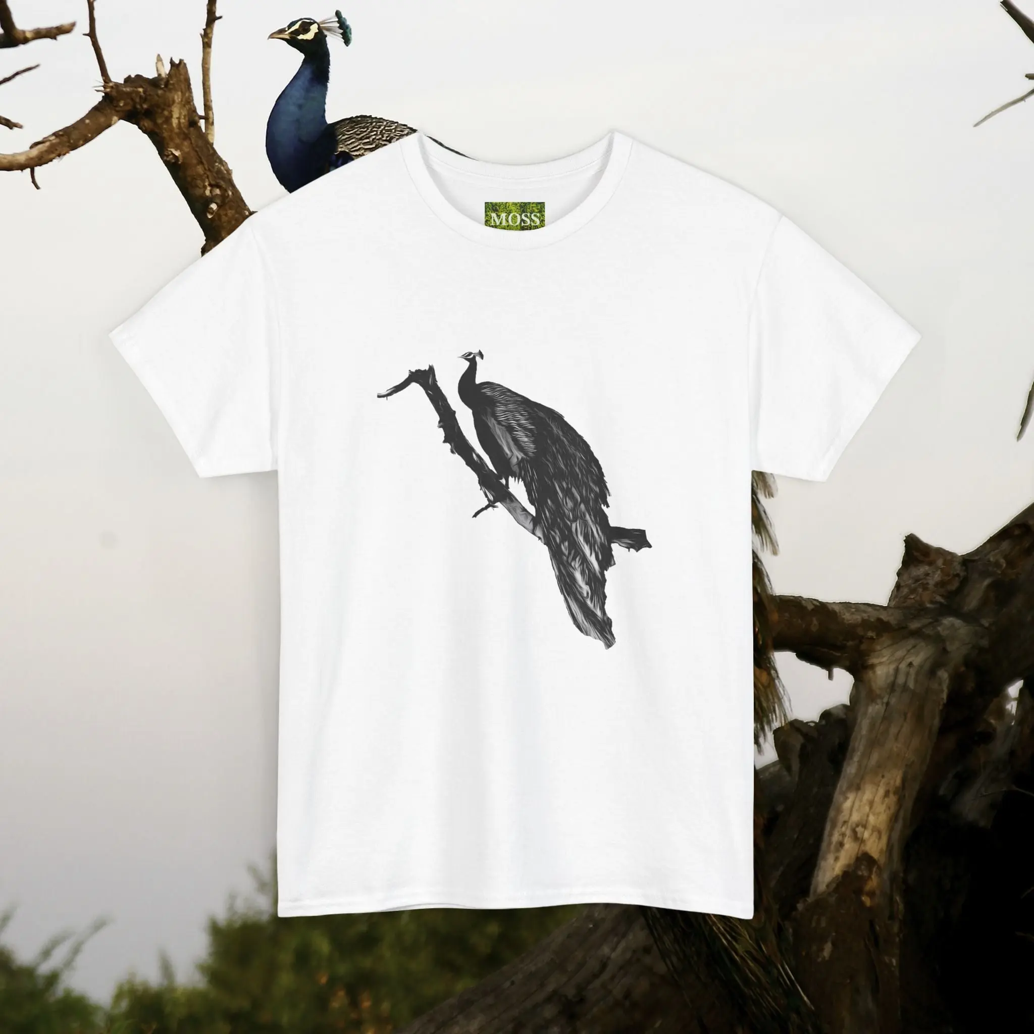 MOSS, Perched Peacock: Unisex Heavy Cotton Tee