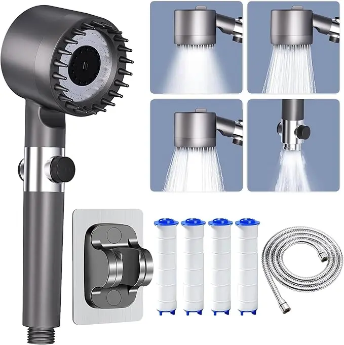 High Pressure 4-Mode Handheld Shower Head - Rainfall, Massage, Pulse, Hybrid Bubble Sprays - Premium ABS Wall Mount, Flexible Hose, Easy Install, Anti-Clog, Built-In Filter Screen, Filter Spray Attachment - Modern Bathroom Upgrade, Summer Shower Accessory