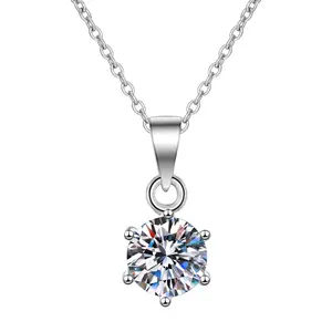 Moissanite Necklace 1-2 Carat D Color VVS1 Round Lab Created Diamond Pendant Necklace 925 Sterling Silver Necklace Wedding Engagement Jewelry Gift for Her