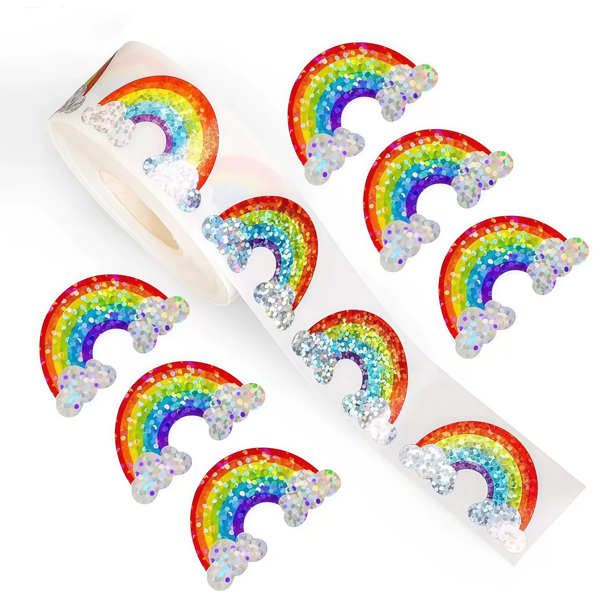 Shimmer Rainbow Sticker Roll, 500 Pieces Bright Rainbow Cloud Stickers, Cute Round Stickers for Kids Rewards, Birthday Party Decor, Gift Tags, Scrapbooks, DIY Crafts