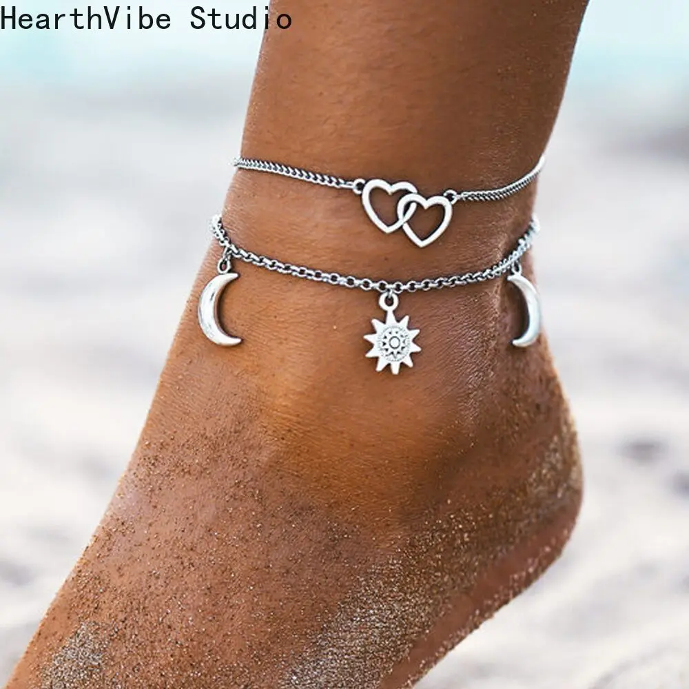 Women's Silver Metal Coating Chain Anklet - Celestial Sun-Crescent Moon-Hearts Charms, Boho Beach Charm Anklet, Elegant Jewelry Gift for Women, Anklets For Women