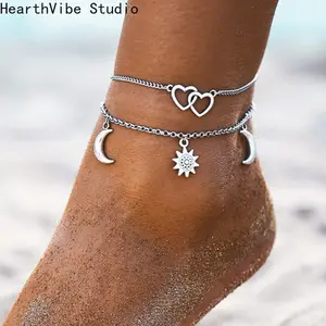 Sun love crescent moon beach silver metal chain anklet female beach wind