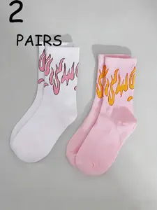 Flame Pattern Mid-Calf Tube Socks, Pack of 2 Pairs, Stylish Casual Footwear, Comfortable Cotton Blend, Perfect for Daily Wear