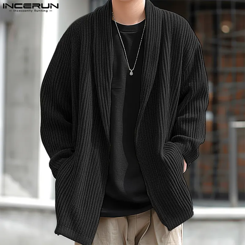 INCERUN Men's Casual Textured Knit Cardigan Jacket, Solid Color Long Sleeve Polyester Leisurewear Tops, Knitwear, Longsleeves, Basics, Simple, 2Xl, Casual Shirts, Fabric, Menswear