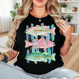 Bass Fishing T-shirt, Colorful Fish Graphic Tee, Cute Angler T-shirt, Lake Fishing Womens, Summer Outdoor Gift Idea For Her