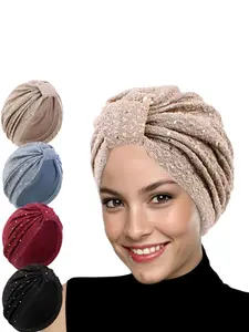 Muslim Headscarf Cap with Sequins, Folded Cloth Knot Design, Stylish Turban Hijab, Perfect for Daily Wear, Women's Fashion Accessory