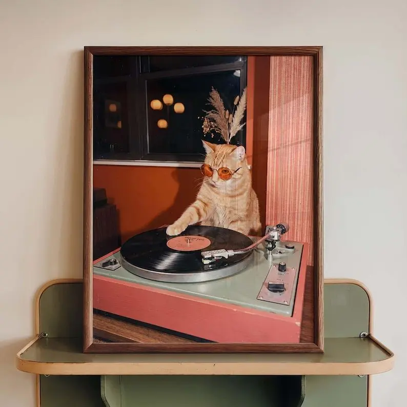 Orange Cat DJ Wall Art Print, Vinyl Record Player Poster, Retro Listening Room Decor, Funny Music Lover Gift