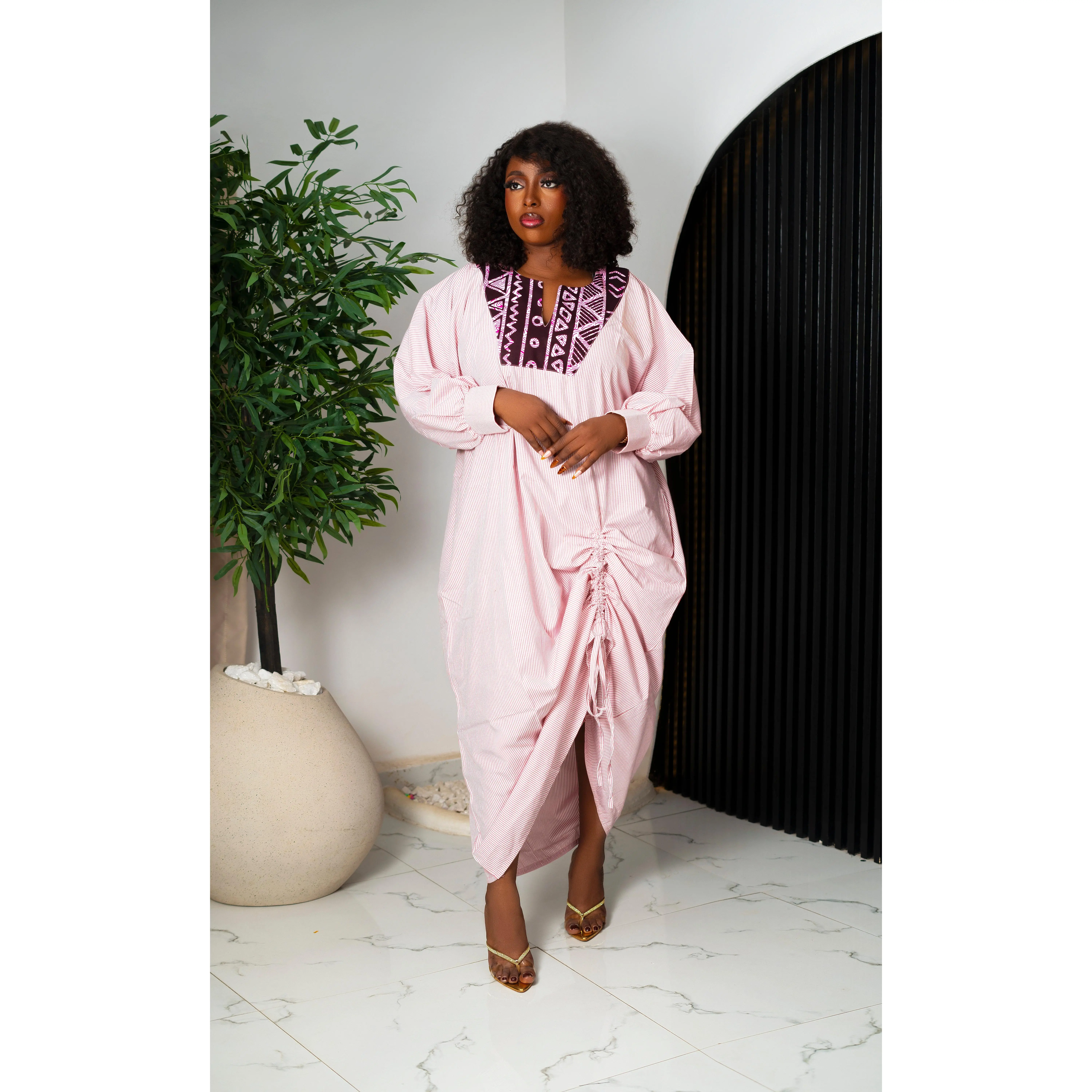 Dahlia Ruched Drawstring Pinstripe Kaftan Maxi
