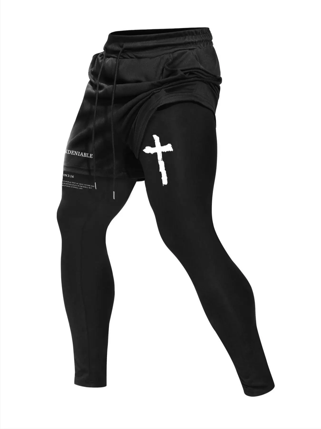 Men's 2 in 1 Letter & Cross Print Drawstring Waist Skinny Pants, Casual Comfy Breathable Pocket Trousers for Fall & Winter, Men's Bottoms for Daily We