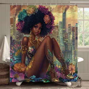 1pc/4pc African Style Women & City Floral Decorative Bathroom Shower Curtain Set, Includes Non-Slip Mat, Toilet Lid Cover, Bath Mats, 12 Plastic Hooks
