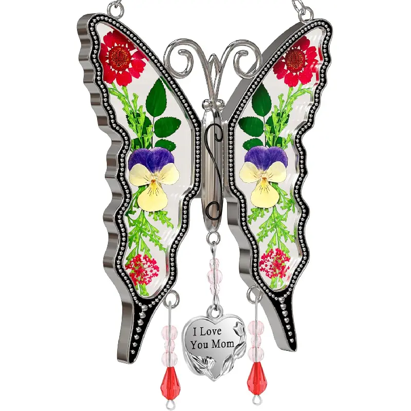 Butterfly Stained Glass Suncatcher - Engraved, Metal Charm, Pressed Dried Flower Framed Hangable Ornament, Window Hanging Decor for Mom, Daughters, Christmas, Thanksgiving Day, Gift Box Included