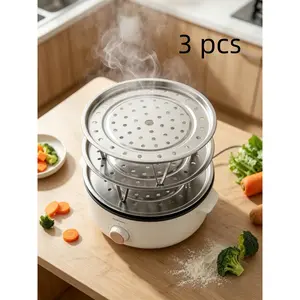 3-piece stainless steel steamer set (18/20/22 cm), with legs, multiple perforated sizes, rust-proof stackable steaming trays, suitable for steaming dumplings and vegetables.