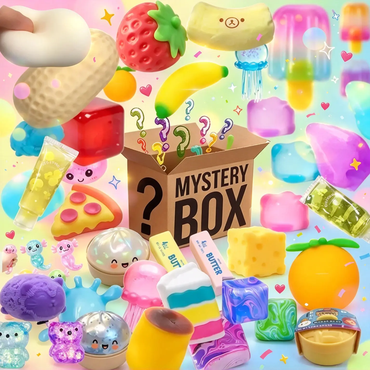 Mystery blind box randomly contains a squeeze toy, a soft, buttery-shaped fidget spinner, perfect for stress relief and sensory relaxation, and also a great party gift.