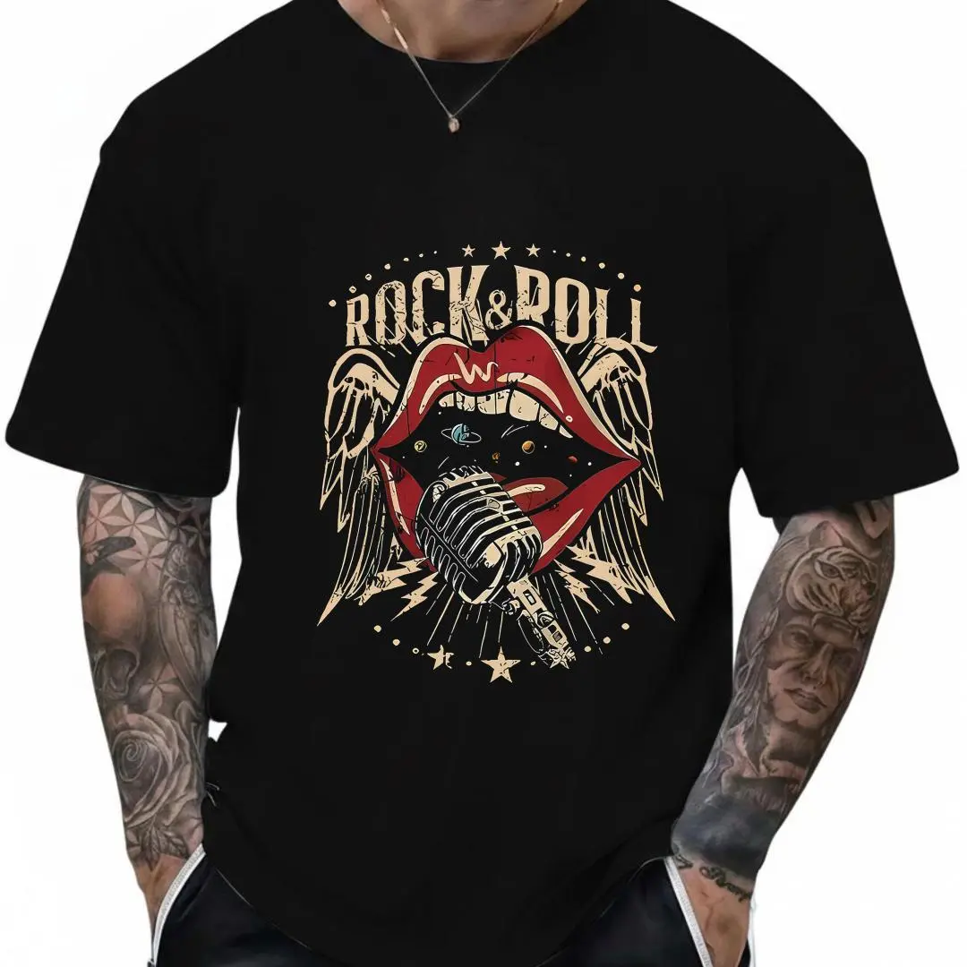 100% Cotton Women's ROCK & ROLL Rock Music T-Shirt - Short Sleeve Crew Neck Top with Rock Print, Casual Spring Summer Outfits for Concerts & Casual Attire, Machine Washable Rock Style Tee