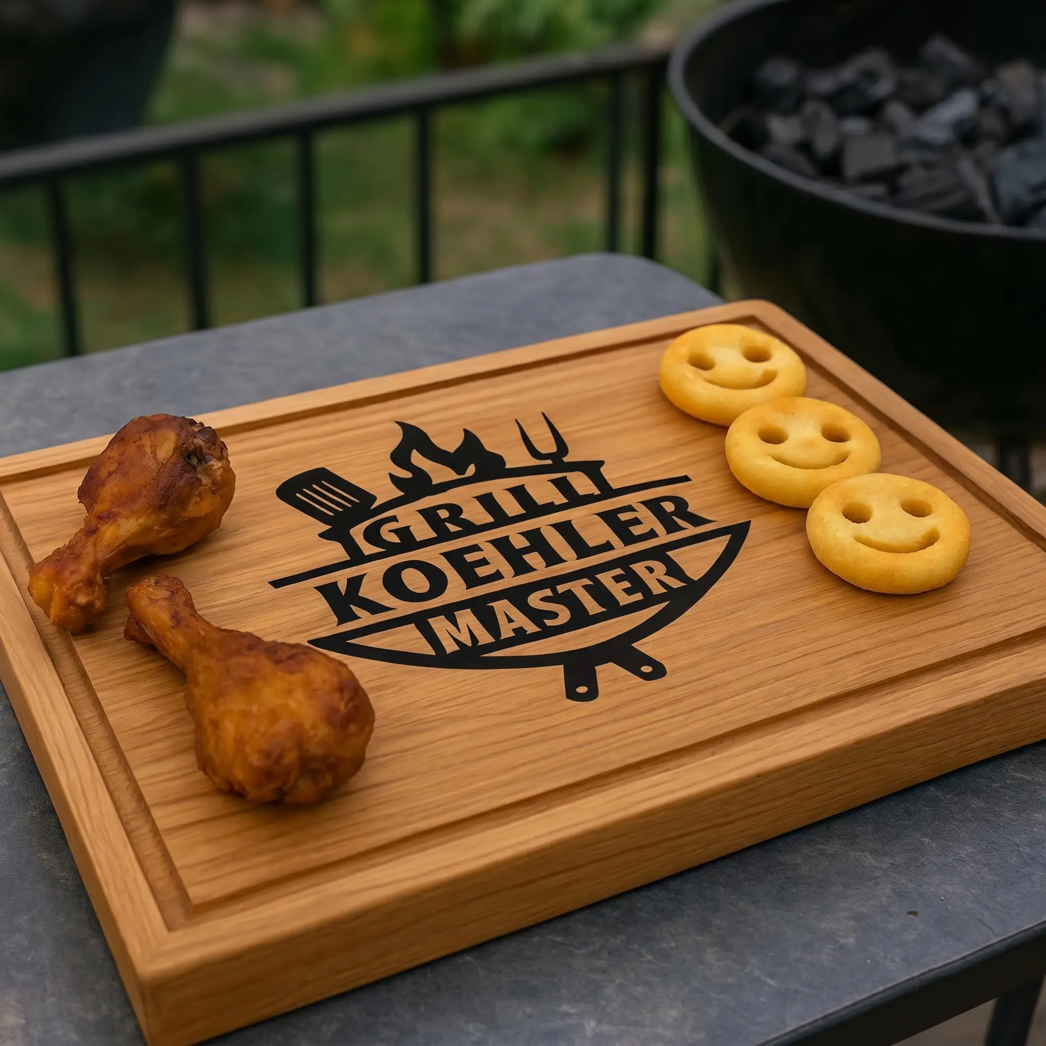 Premium Oak Wooden Chopping & Cutting Board - Sturdy, Stylish, Handmade, Custom Engraved Grill Master Design, Personalized Kitchen Serving Tray, Pre-Oiled Father's Day Gift