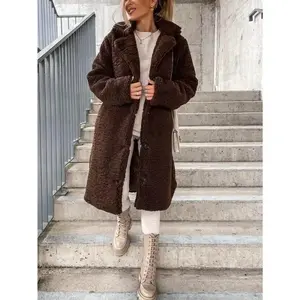 Women's Brown Teddy Fleece Long Coat - Lapel Collar Button-Front, Warm Plush Fabric, Multiple Sizes (S-3XL), Ideal for Fall/Winter Casual Outings & Special Events, Elegant Cold Weather Outerwear