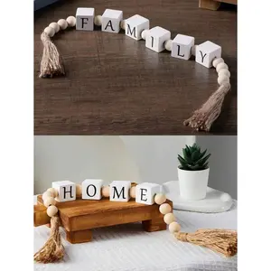 1PC Hangable Wooden Square Letter Beads Tassel Garland Ornament - Natural Wood Color Rope Pendant Craft, Multicolor Accents, Hanging Decor for Indoor, Outdoor Home Use