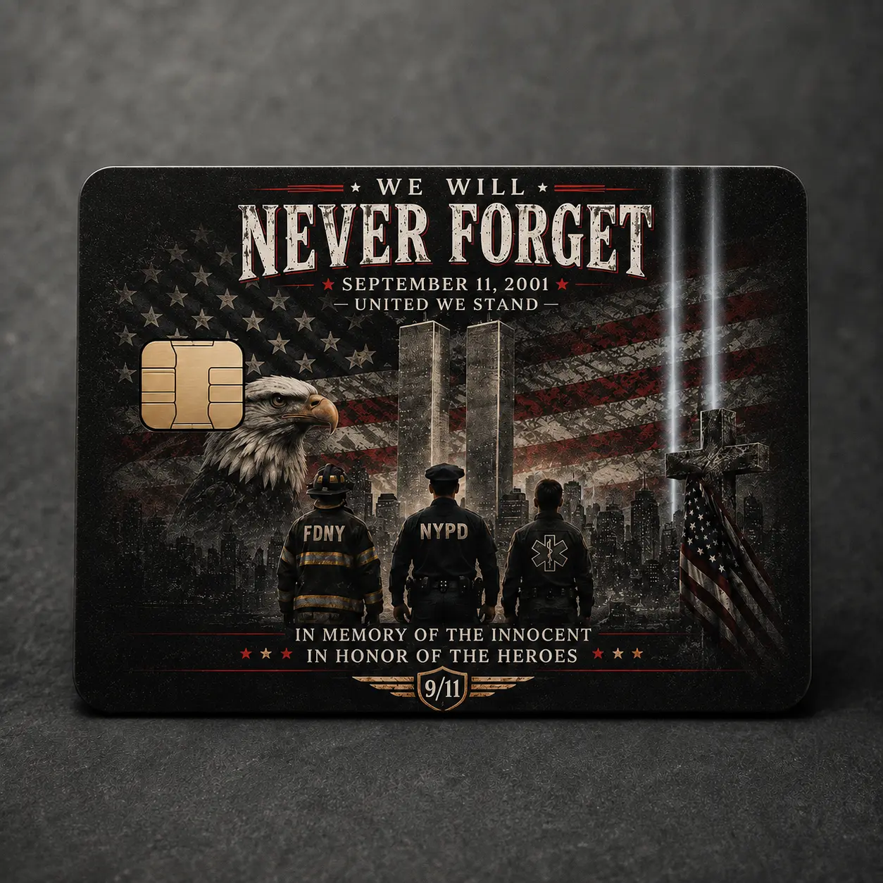9/11 Never Forget Memorial Credit Card Skin, United We Stand Patriotic Card Sticker Cover, First Responder Tribute Design