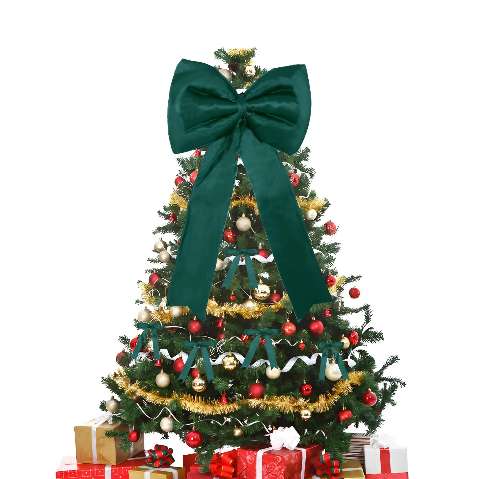 Green 18" Big Christmas Bow & 24 Short Ribbon Bows, Giant Satin Bow Set – For Xmas Tree Topper, Window, Mantle, Wall or Door Decor (Version B)