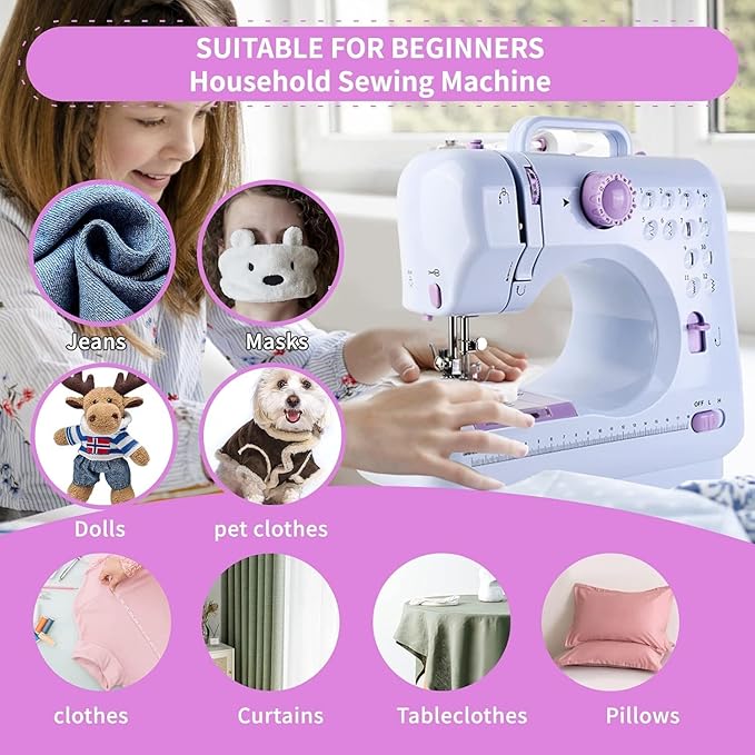 Mini Sewing Machine, Portable Electric Sewing Machine for Beginners with 12 Built-In Stitches, Dual Speed & Lightweight for Crafting Mending, Work Light, Quick Repair on Fabrics, Household Use