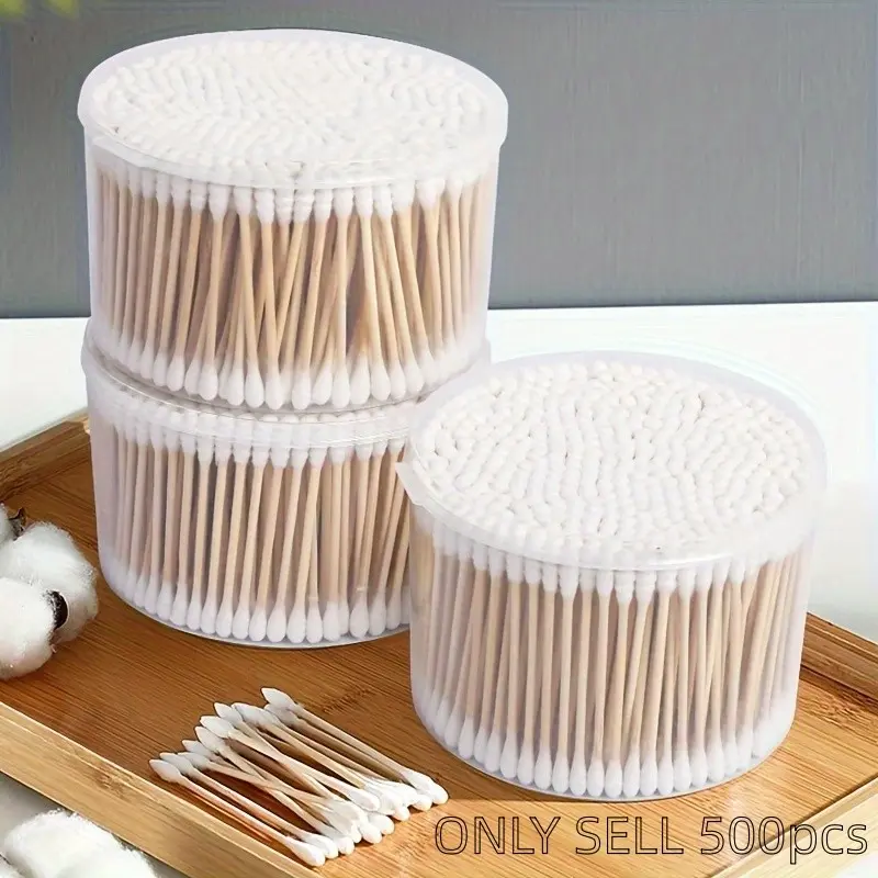 500 Counts Cotton Swabs with Durable Wooden Handle, Round, Spiral and Harmfree Tips, 3 Inch Length, Unscented, Personal Use, Hygienic, Cleaning, Includes Storage Box or Bag