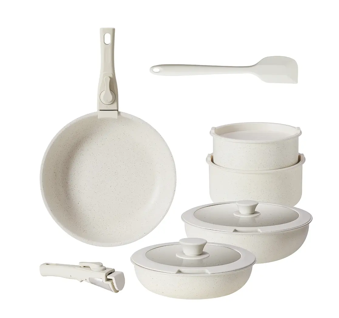 12pcs Non-Stick Cookware Set, Pots and Pans Set, with Spatula & Detachable Handle for Kitchen, Beige