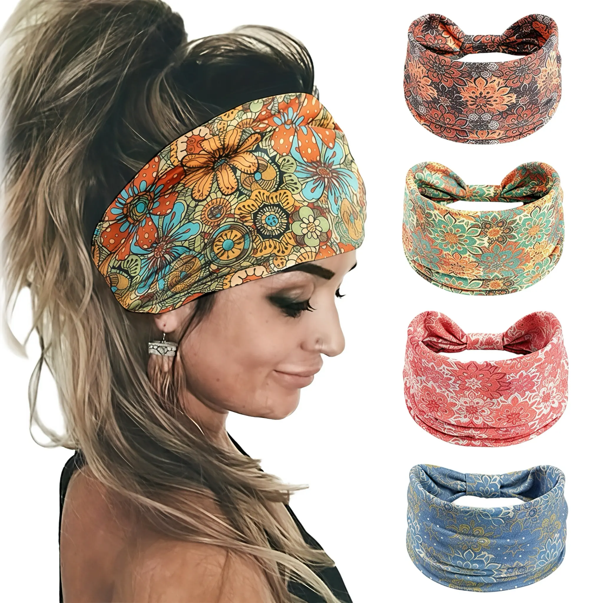 Women's 5Pcs Wide Floral Printed Boho Headbands - Elastic Knotted Bandana, Non-Slip Thick Turban Hair Wraps, Fashion Hair Accessories for Workout Yoga, Headbands For Women, Accessories For Women