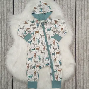 LR0776--Elk white and green hooded zip-up long-sleeved romper
