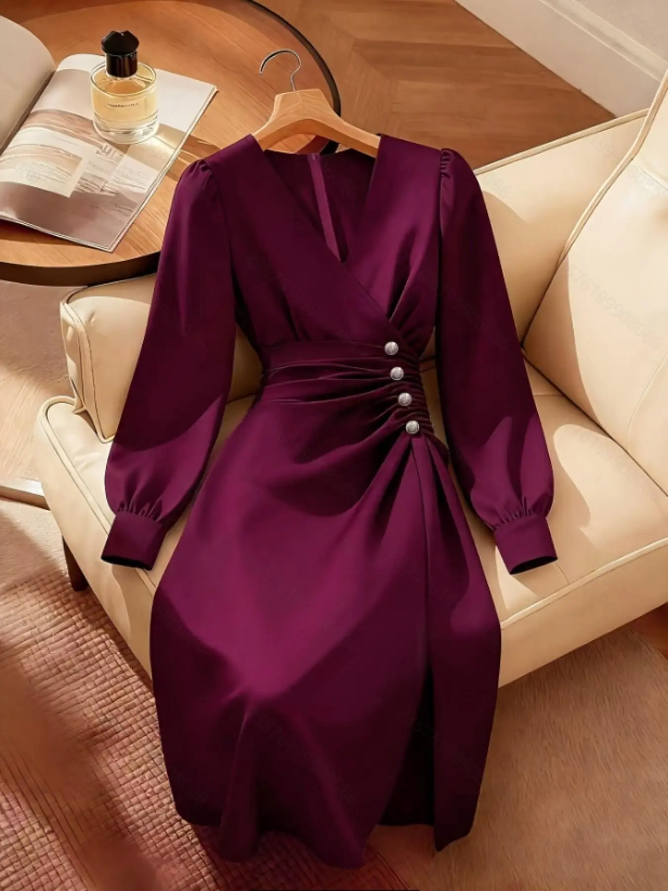 Women's Fashion Elegant Chic Casual Solid Color V Neck Ruched Waist Slit Design Long Sleeve Mid-Length Womenswear Dress Suitable for Dates Lady