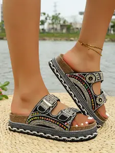 Women's Boho Style Colorful Rhinestone Decorated Sandals, Dual Buckle Thick Sole, Open Toe, Summer Beach Shoes, Comfortable and Stylish
