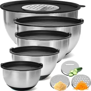 Set of 5 Stainless Steel Airtight Nesting Bowls  with lids, 3 grater attachments, stackable mixing bowls for salad, fruit, pasta, and baking, outdoor safe, round shape, novelty kitchen cooking tools