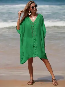 Women's Plain Crochet Hollow Out Batwing Sleeve Cover Up, Casual V Neck Half Sleeve Cover Up for Beach Vacation, Summer Outfits 2024, Ladies Summer Clothes, Swimsuit Coverup