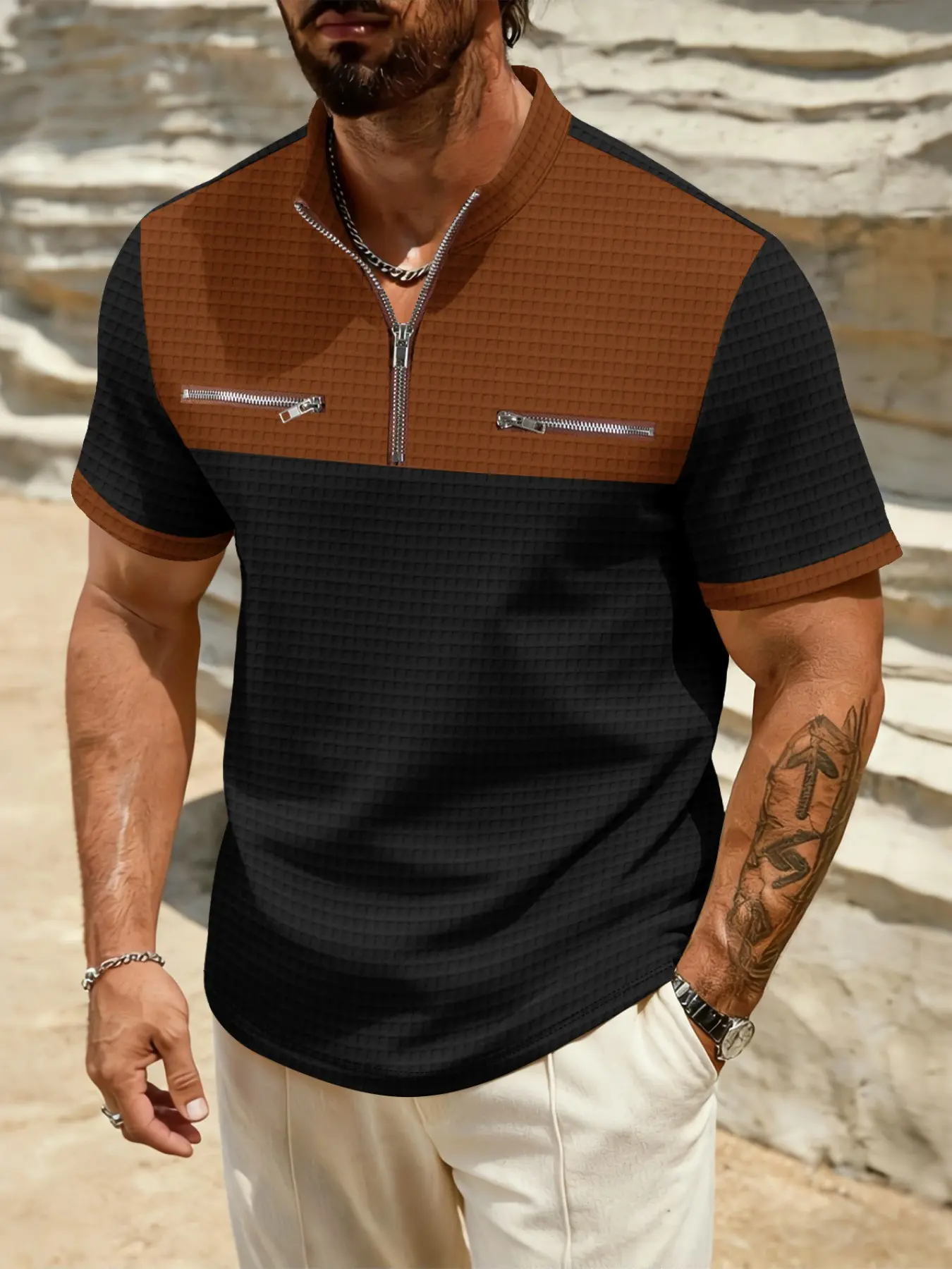 Men's Business Casual Waffle Texture Patchwork Zipper Stand Collar Short Sleeve Hoodie, Slim-Fitting Summer Top, Comfortable Daily Wear, Menswear