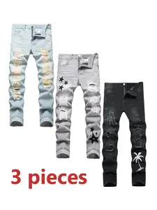 3 Pack Slim Fit Jeans For Men Blue & Grey & Black Ripped Jeans Fashion Straight Leg Comfy Breathable Trouser Streetwear Denim Pants