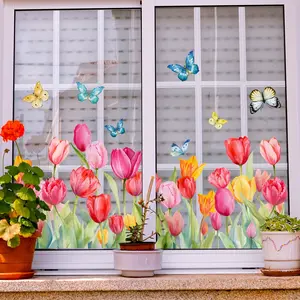 A flower and butterfly wall sticker, Floral pattern sticker, static cling window glass sticker, double-sided visible decorative wall decal, Decorative stickers, 20 threads (DJ7035-YC)