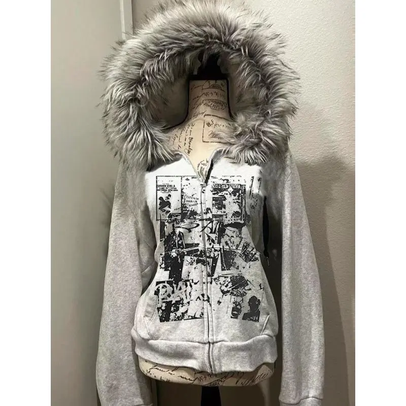 Subculture Gothic Coats with Hooded Harajuku Printed Jackets 2000s American Vintage Faux Fur Sweatshirts Women Casual Y2k Chic