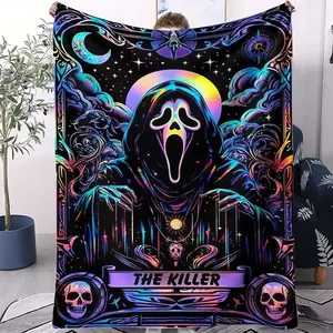 skeleton throw blanket, ghost face blanket, killer pattern blanket, soft plush blanket, warm lightweight blanket, bed sofa car blanket, room decor blanket, cozy blanket for kids, cozy blanket for adults, single sided printed blanket, gift for horror fans