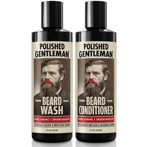 Polished Gentleman Beard Shampoo and Conditioner Set - Stimulates Hair Growth with Biotin Aloe Vera Tea Tree Oil & Coconut Oil for Fuller Stronger Healthier Beards