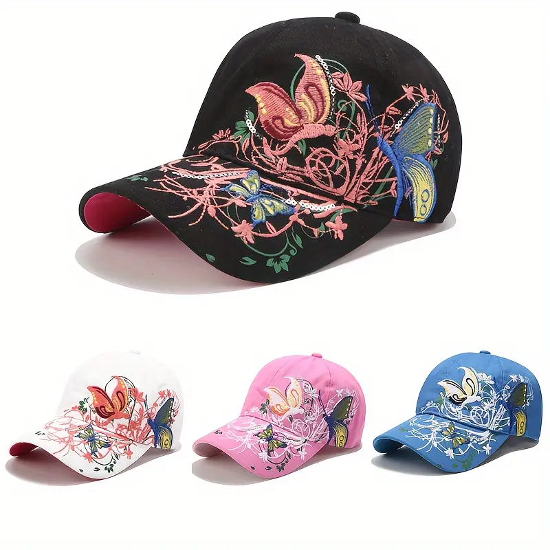 Women's Stylish Cotton Baseball Cap - Trucker Cap, Fitted Style, Adjustable Snapback, Embroidered Butterfly Motif, Street Art & Ethnic Designs, Sun Protection Hats for Women, Camping Essentials, Fitted Baseball Caps