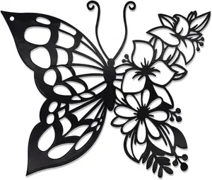 Butterfly Decoration Wall Art Boho Home Decor Hanging Metal Flower for Bedroom Living Room Wall Black Medium - Ornaments, Hangable