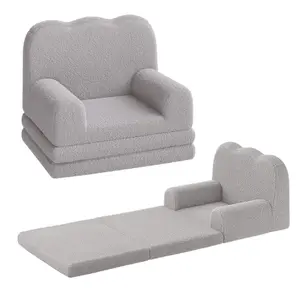 Garvee - 2-in-1 Convertible Kids Sofa Made of Polar Fleece Fabric, Soft Foldable Sofa for Kids, Comfortable Sofa Bed for Playroom, Nursery, Birthday Gift, Gray