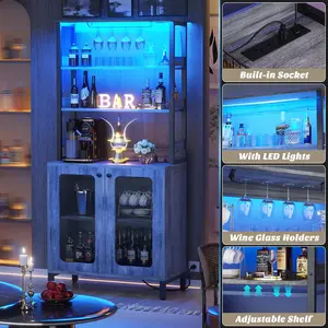 Bar Cabinet with Power Outlets, 67" Tall Wine Bar Cabinet Liquor Cabinet with LED Lights , Coffee Bar Station for Living Room Shelf Utensils