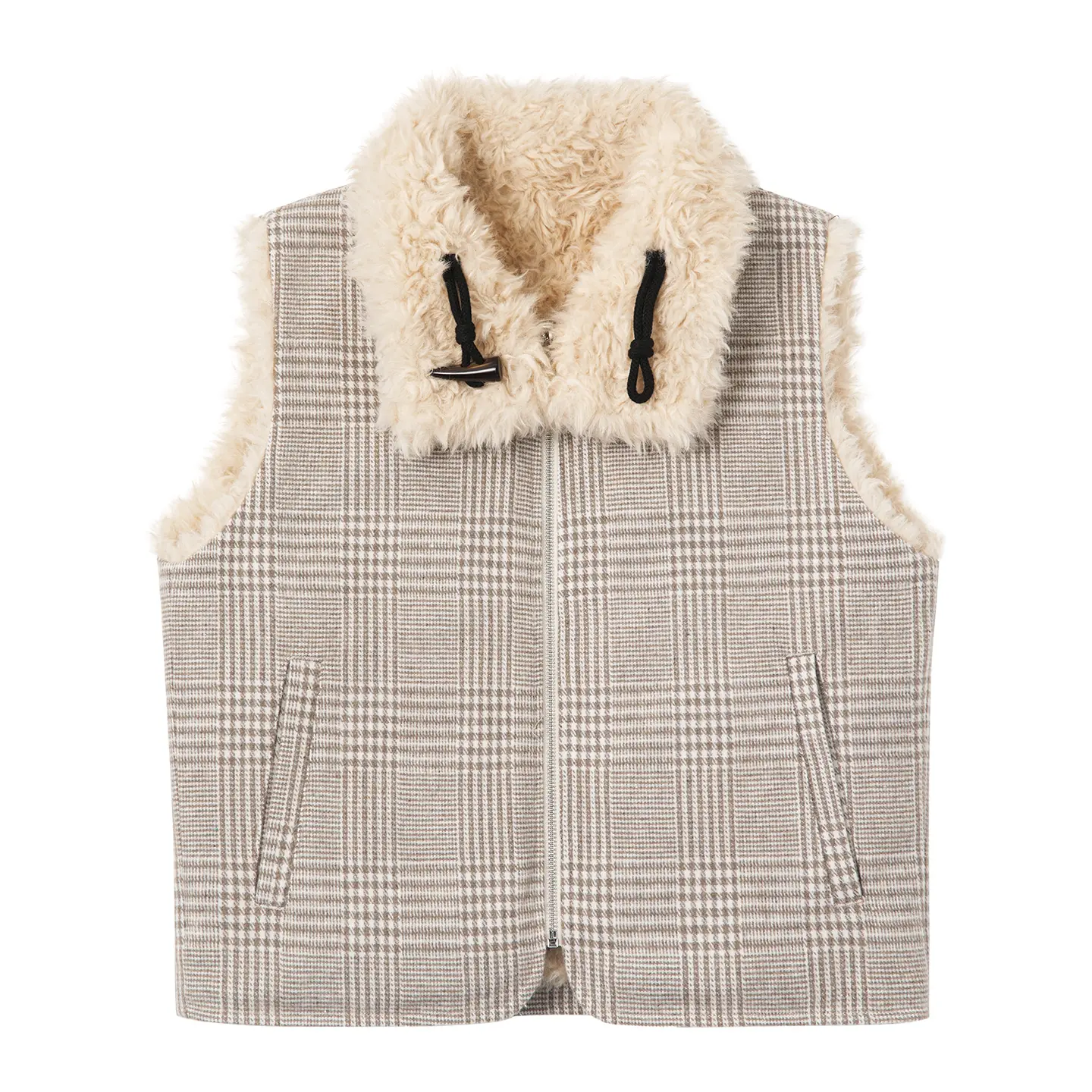 PSO Brand Women's Reversible Fleece Jacket - Minimalist Basic Outerwear Clothes, Fluffy Houndstooth Cotton Coat with Zipper, Style NJK013