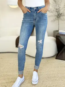 Judy Blue Women's Comfortable Full Size Casual Slim Fit Mid Rise Destroy & Cuffed Skinny Jeans - Minimalist Stretchy Spandex Streetwear Denim Pants