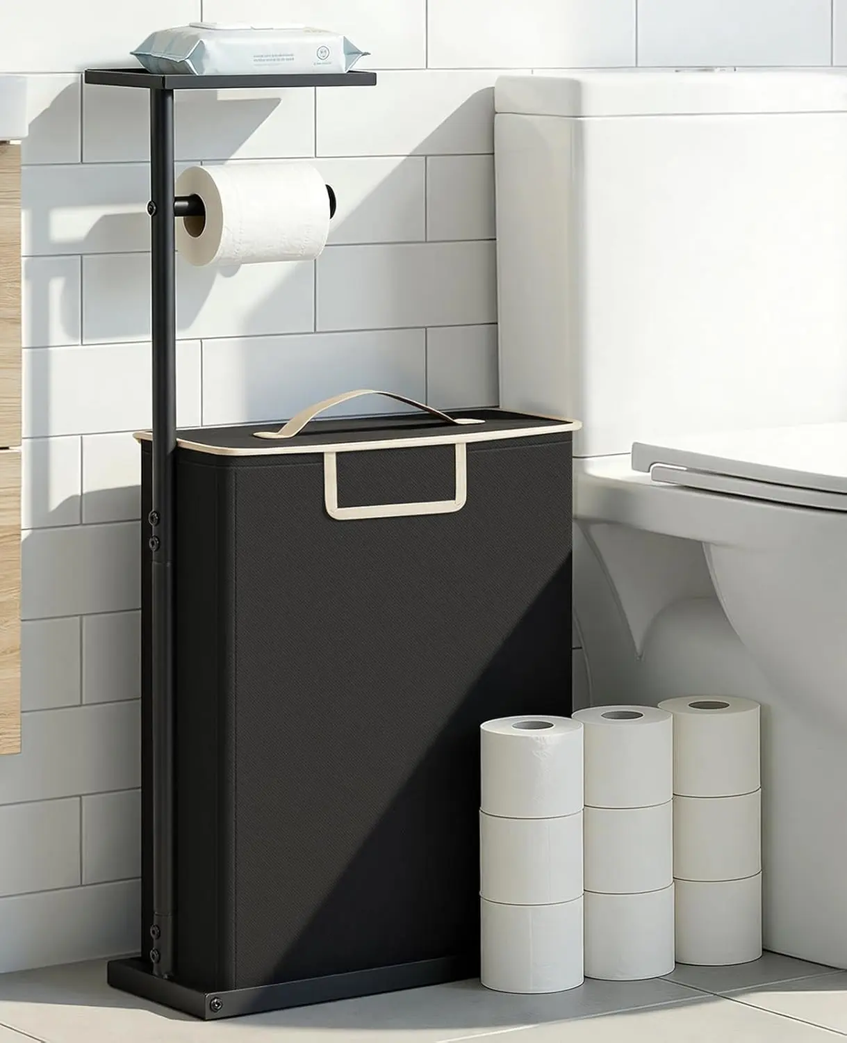 Toilet Paper Holder Free Standing with Storage for Up to 12 Rolls,Rustproof Metal Toilet Paper Stand with Shelf,All-in-One Toilet Tissue Roll Dispenser and Organizer with a Lidded Basket,Black,Bathroom Organizer,Toilet Storage Platform Plastic Vanity
