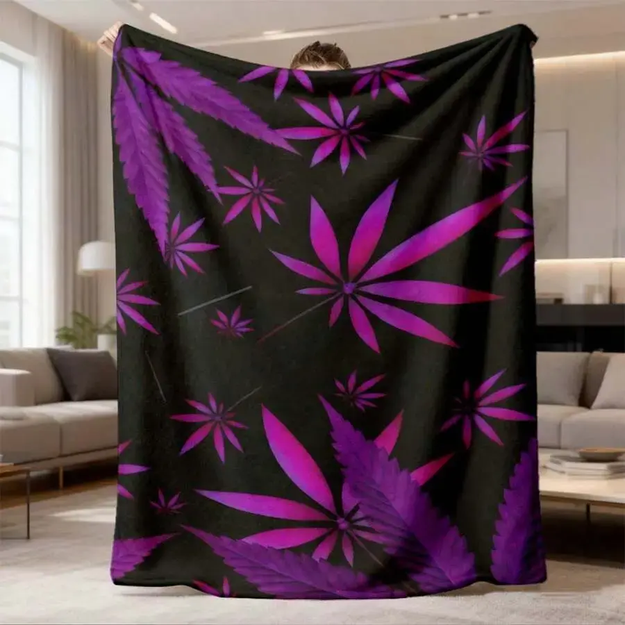 Purple Leaf Flannel Blanket, Aesthetic Botanical Pattern Soft Cozy Throw Blanket, Lightweight Plush Fleece Blanket for Bed Sofa Couch Home Decor,warm