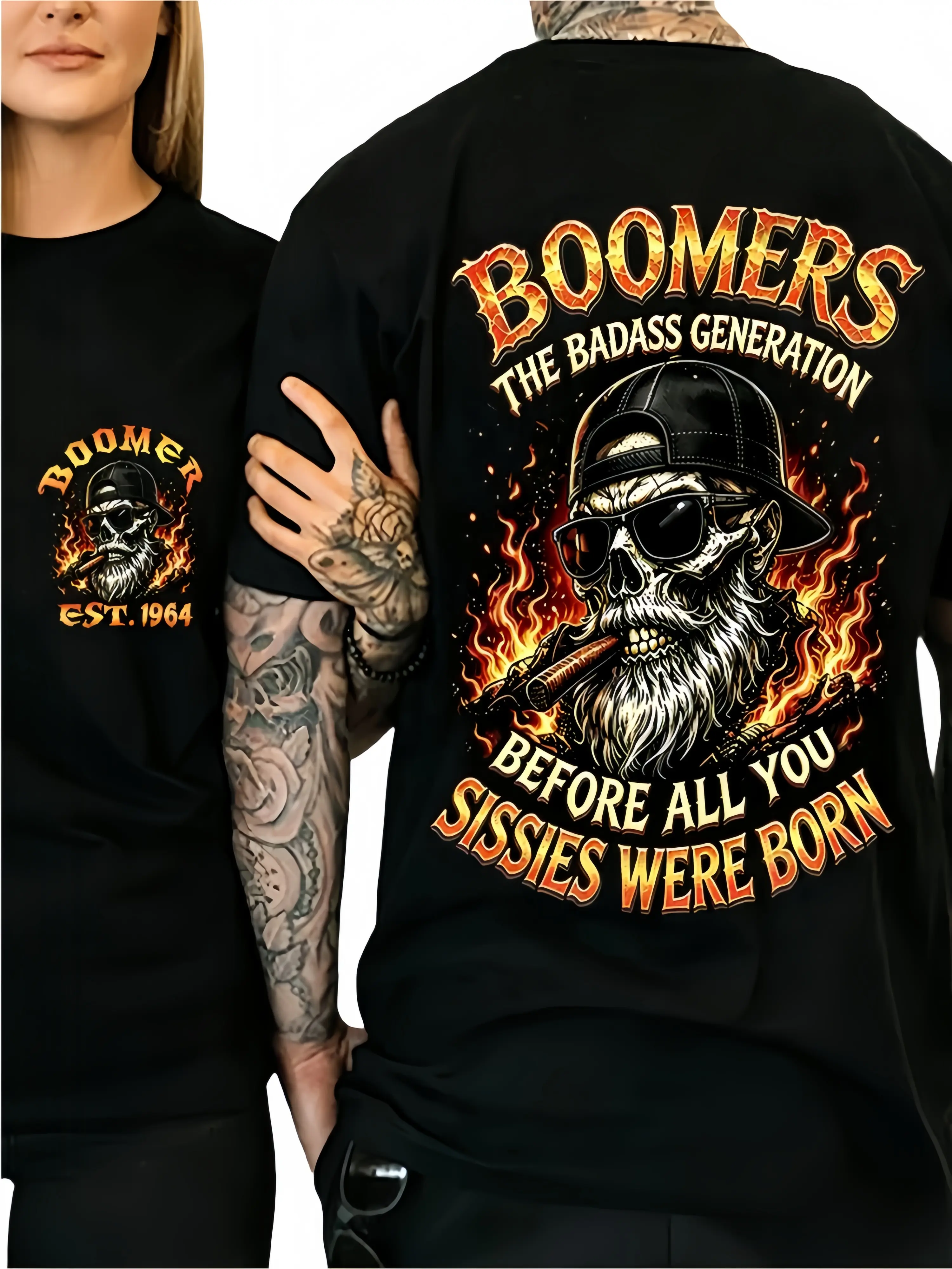 [Customization] Men's Streetwear Cotton Short-Sleeve Crewneck T-Shirt - Custom Year Skull Design, Soft, Breathable, Casual, "Boomers The Badass Generation Before All You Sissies Were Born" Print, Shortsleeve