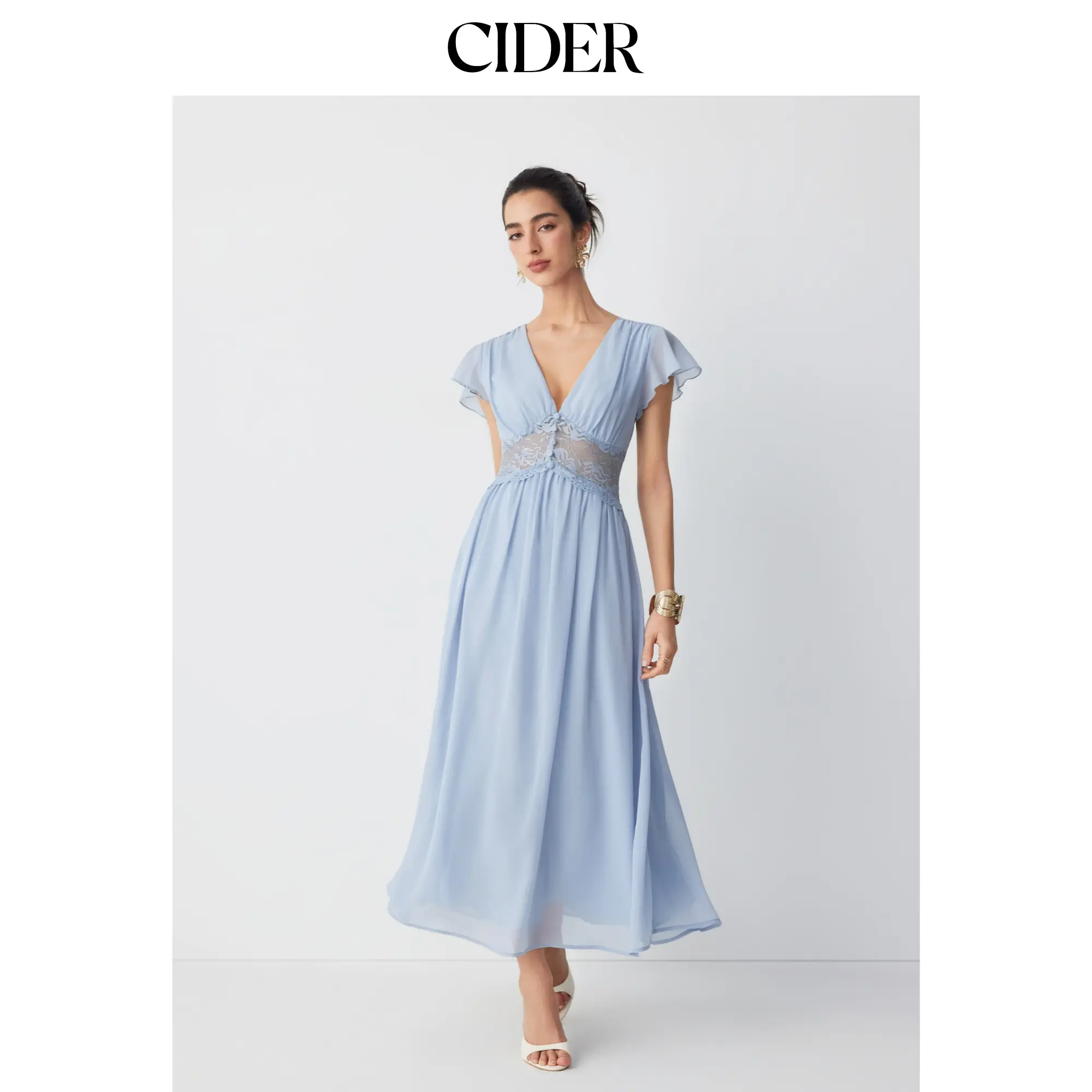 Cider Chiffon V-neck Ruffle Sleeve Lace Detail Draped Flared Maxi Dress