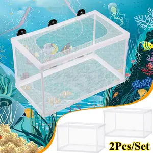 2Pcs Large Transparent Fish Breeder Isolation Box with Suction Cups,Plastic Frame & Soft Polyester Net Hatchery for Aquarium,Fry Separation,Hatching & Breeding,Hand Tools Kits